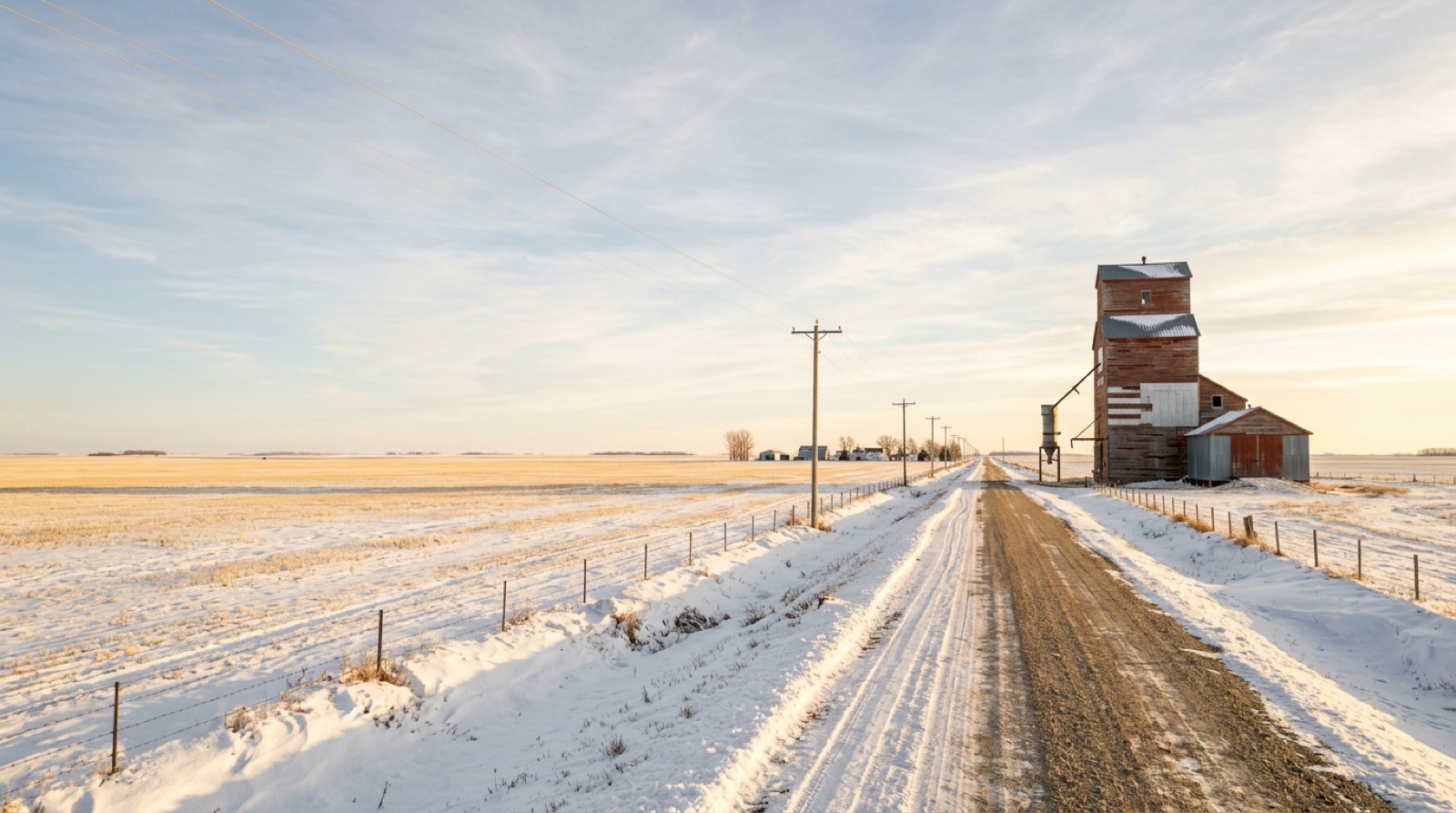 Blue-hour prairie landscape spanning the Manitoba–Saskatchewan border region